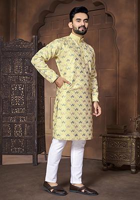 Yellow Embroidered Silk Kurta Set For Men
