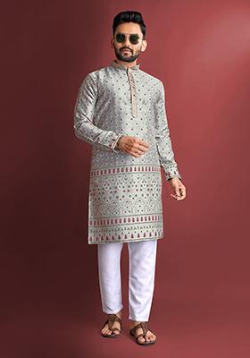 Grey Amboj Work Cotton Kurta Set For Men