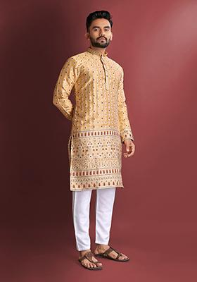 Yellow Amboj Work Cotton Kurta Set For Men