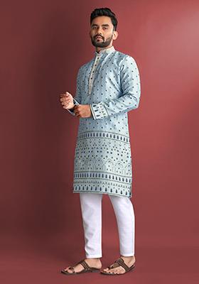 Sky Blue Amboj Work Cotton Kurta Set For Men
