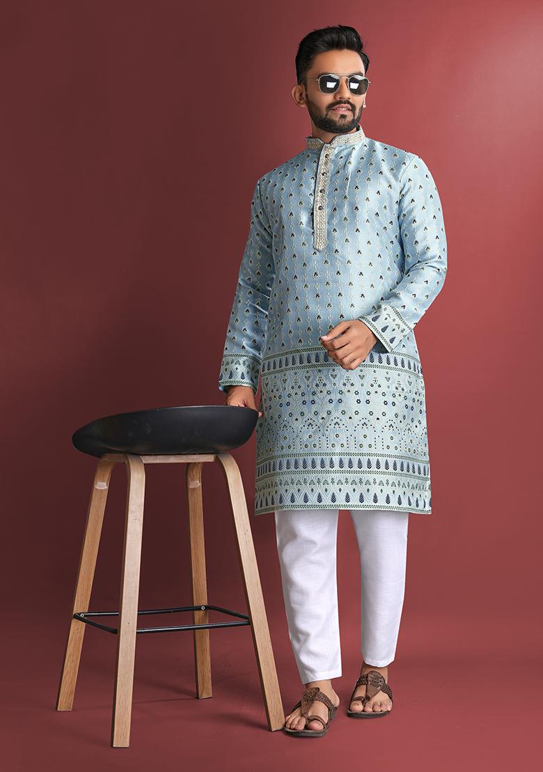 Sky Blue Amboj Work Cotton Kurta Set For Men