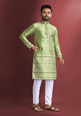 Sea Green Amboj Work Cotton Kurta Set For Men