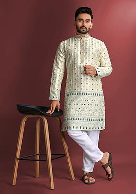 Pista Green Amboj Work Cotton Kurta Set For Men
