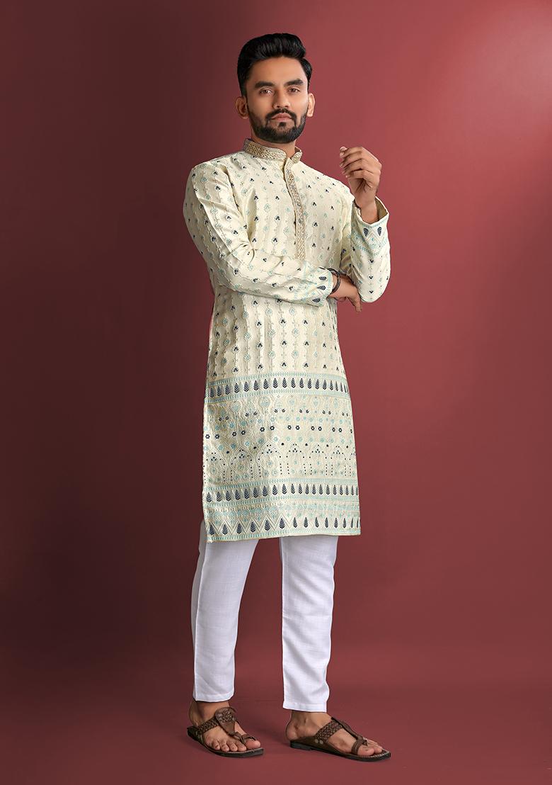 Pista Green Amboj Work Cotton Kurta Set For Men