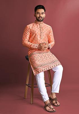 Orange Amboj Work Cotton Kurta Set For Men