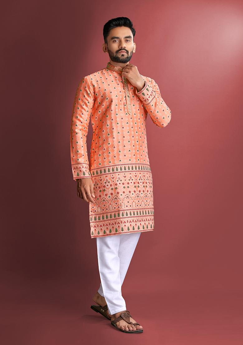 Orange Amboj Work Cotton Kurta Set For Men