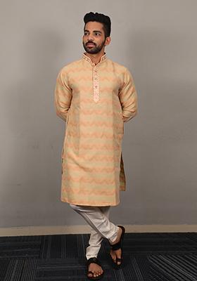 Peach Embroidered Silk Kurta Set For Men