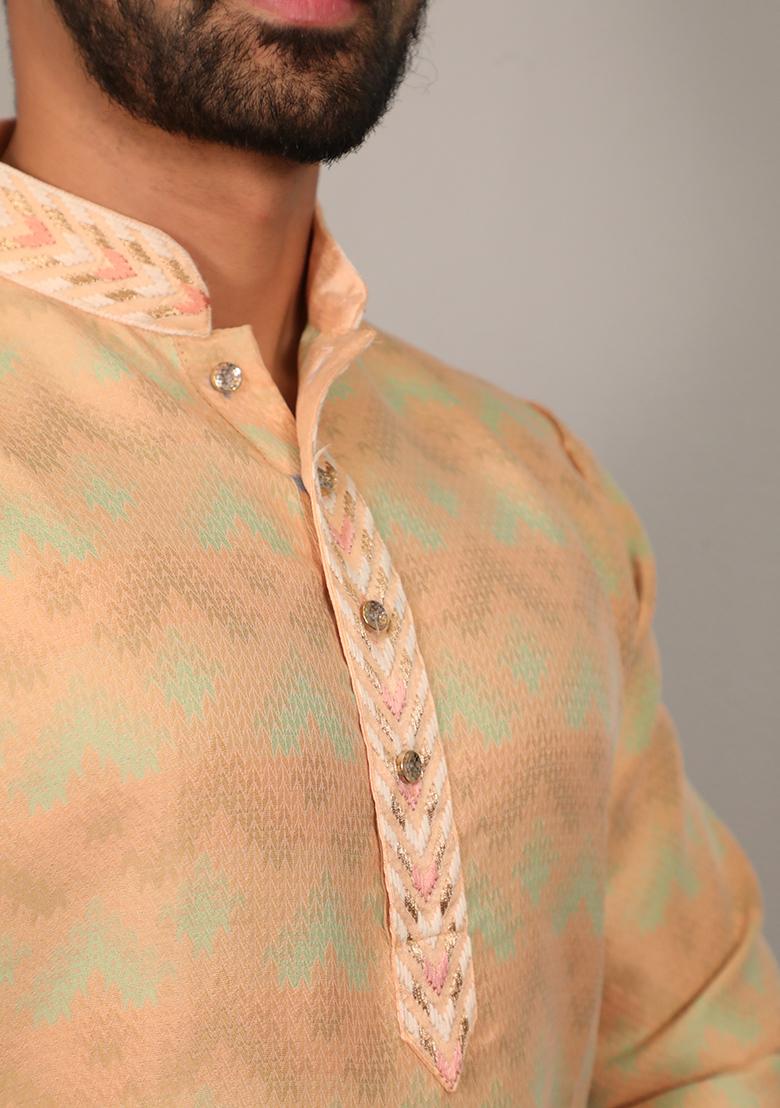 Peach Embroidered Silk Kurta Set For Men
