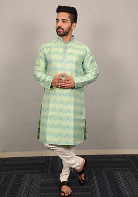 Green Embroidered Silk Kurta Set For Men
