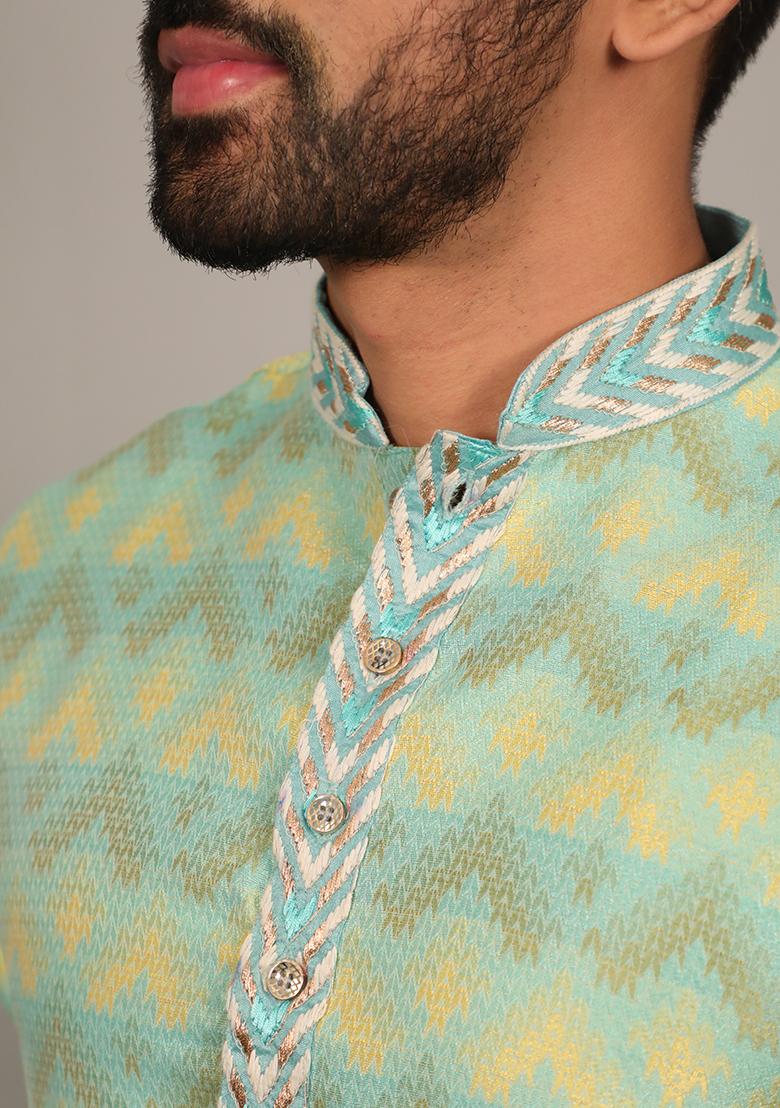 Green Embroidered Silk Kurta Set For Men