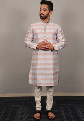 Grey Embroidered Silk Kurta Set For Men