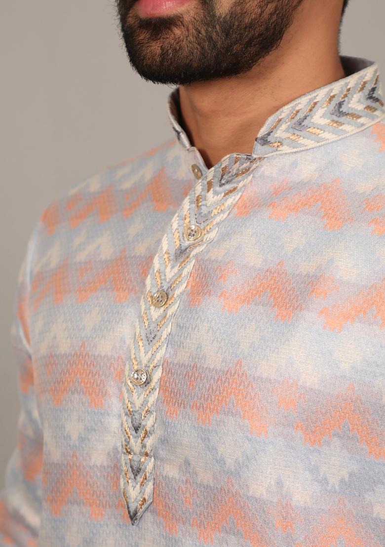 Grey Embroidered Silk Kurta Set For Men