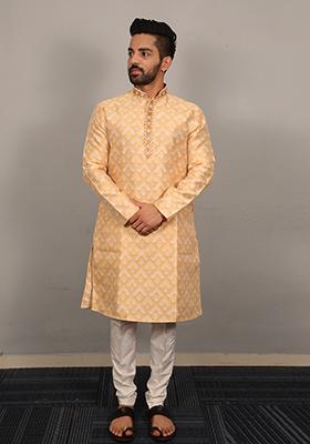 Yellow Embroidered Silk Kurta Set For Men