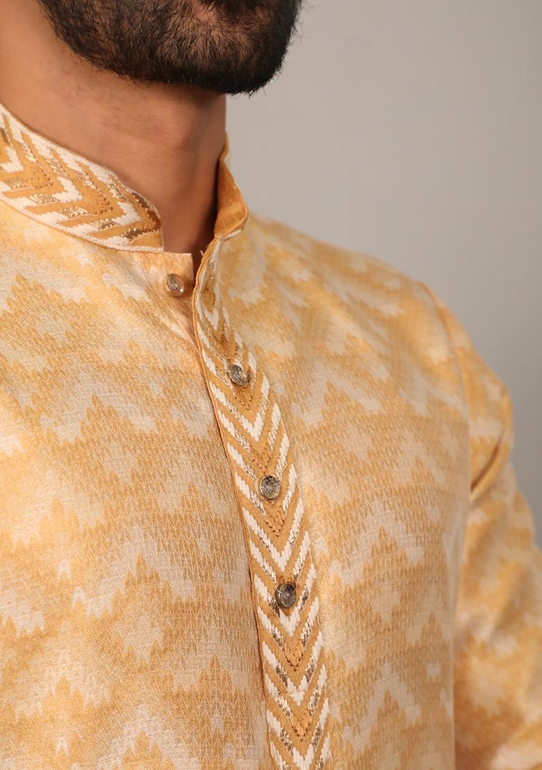 Yellow Embroidered Silk Kurta Set For Men