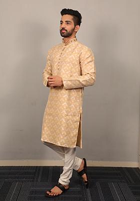 Sea Yellow Embroidered Silk Kurta Set For Men