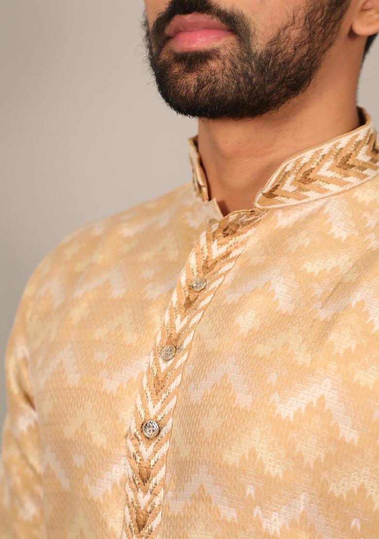 Sea Yellow Embroidered Silk Kurta Set For Men