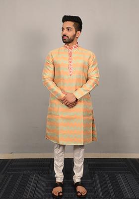 Peach Embroidered Silk Kurta Set For Men