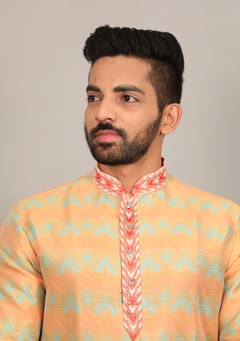 Peach Embroidered Silk Kurta Set For Men