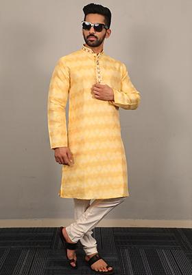 Yellow Embroidered Silk Kurta Set For Men