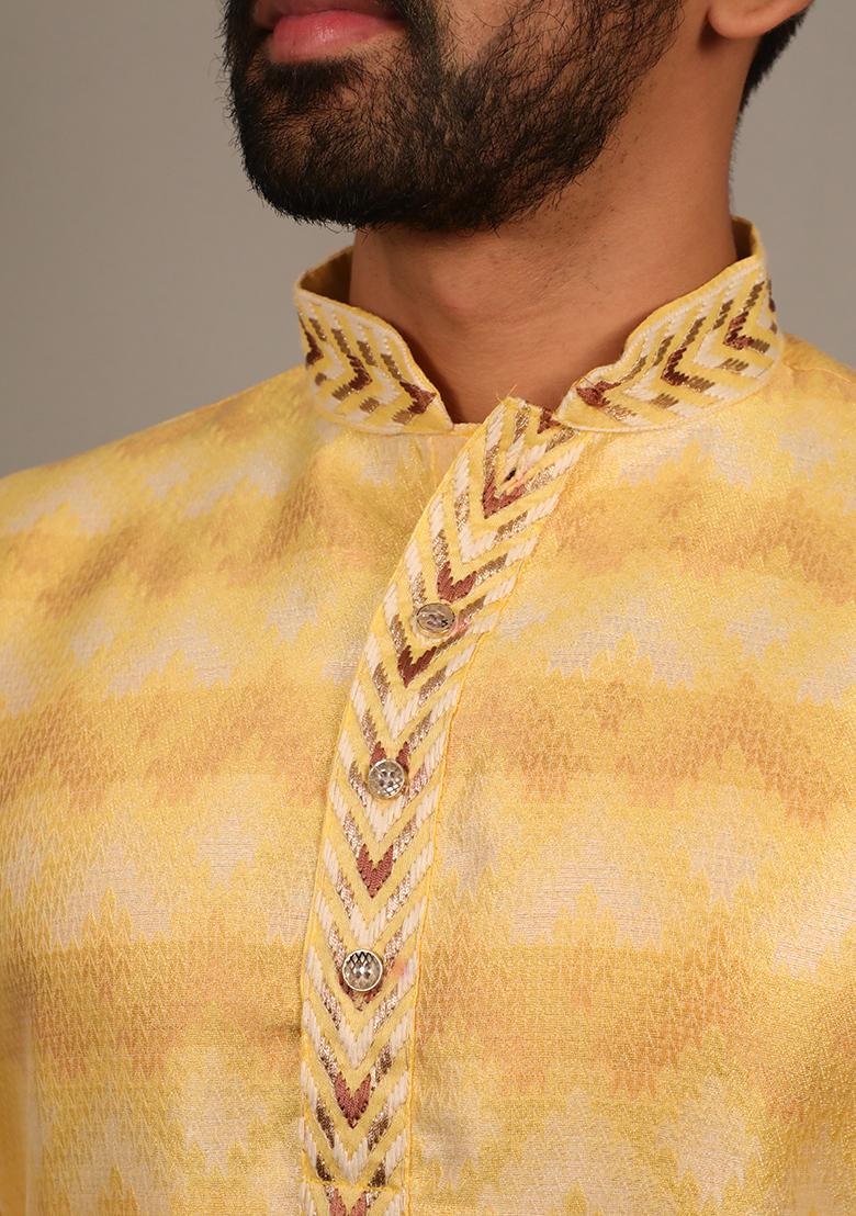 Yellow Embroidered Silk Kurta Set For Men