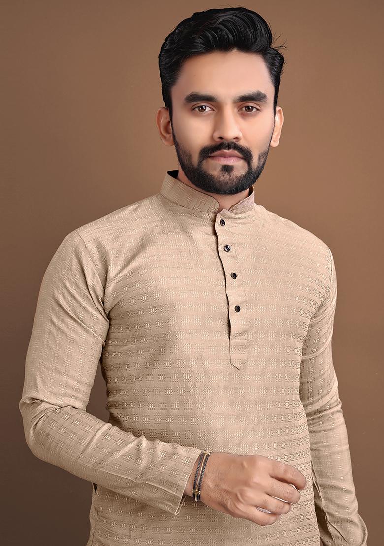 Golden Self Design Jacquard Kurta Set For Men