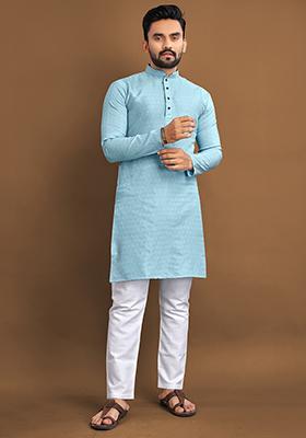 Sky Blue Self Design Jacquard Kurta Set For Men