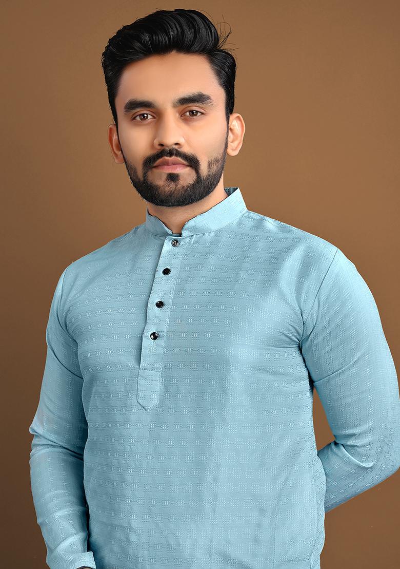 Sky Blue Self Design Jacquard Kurta Set For Men