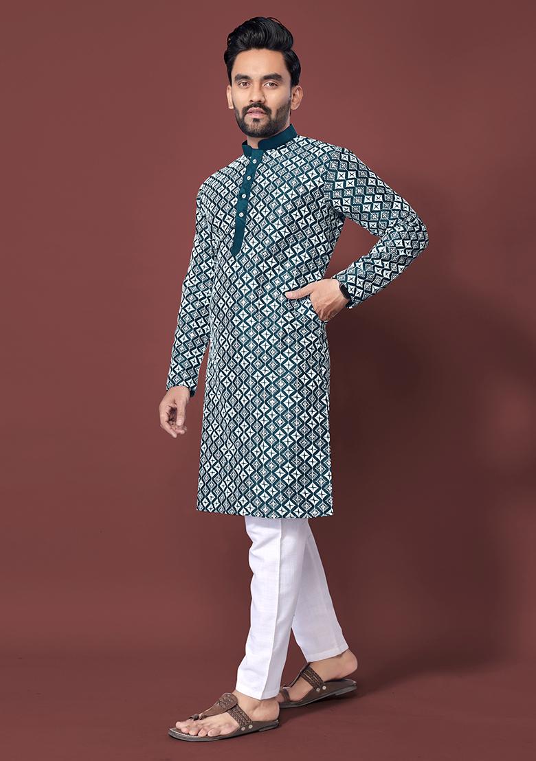Teal Blue Embroidered Silk Kurta Set For Men
