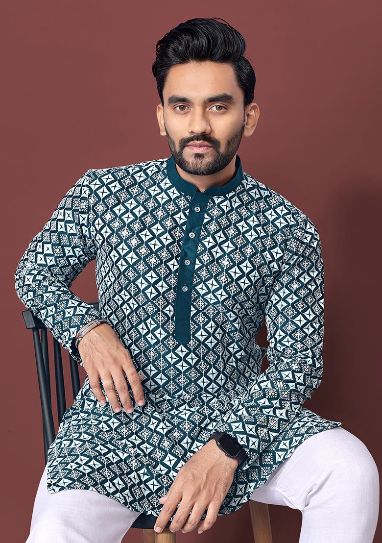 Teal Blue Embroidered Silk Kurta Set For Men