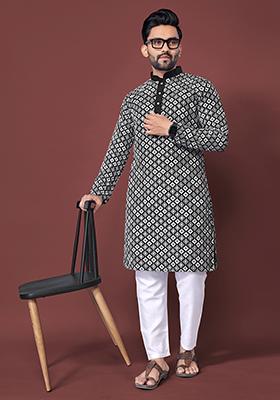 Black Embroidered Silk Kurta Set For Men