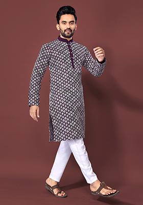 Purple Embroidered Silk Kurta Set For Men