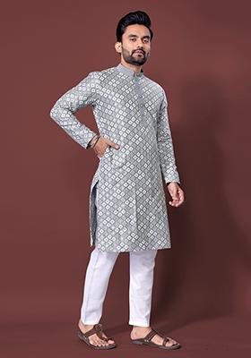 Grey Embroidered Silk Kurta Set For Men