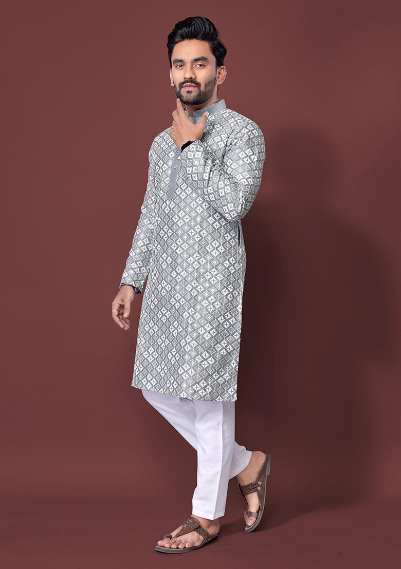 Grey Embroidered Silk Kurta Set For Men