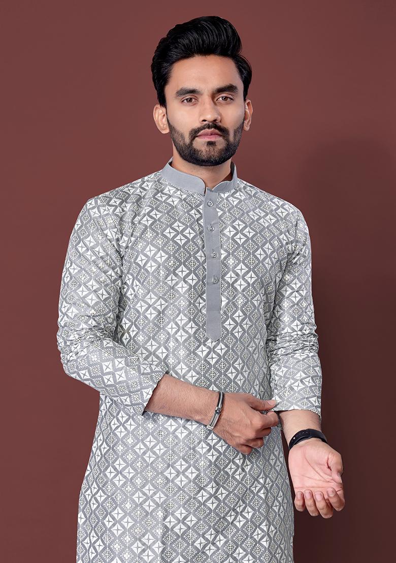 Grey Embroidered Silk Kurta Set For Men