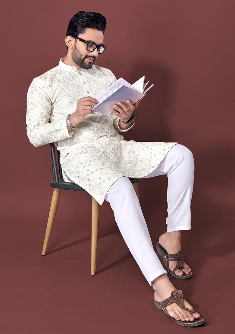 White Embroidered Silk Kurta Set For Men