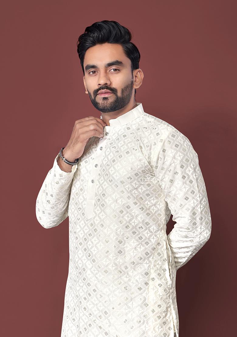 White Embroidered Silk Kurta Set For Men