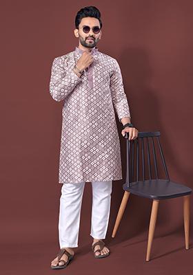 Lavender Embroidered Silk Kurta Set For Men