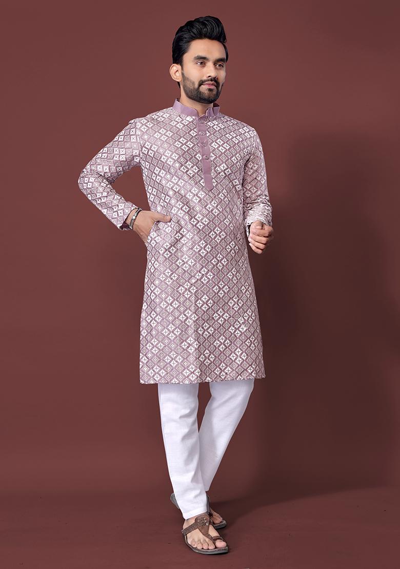 Lavender Embroidered Silk Kurta Set For Men