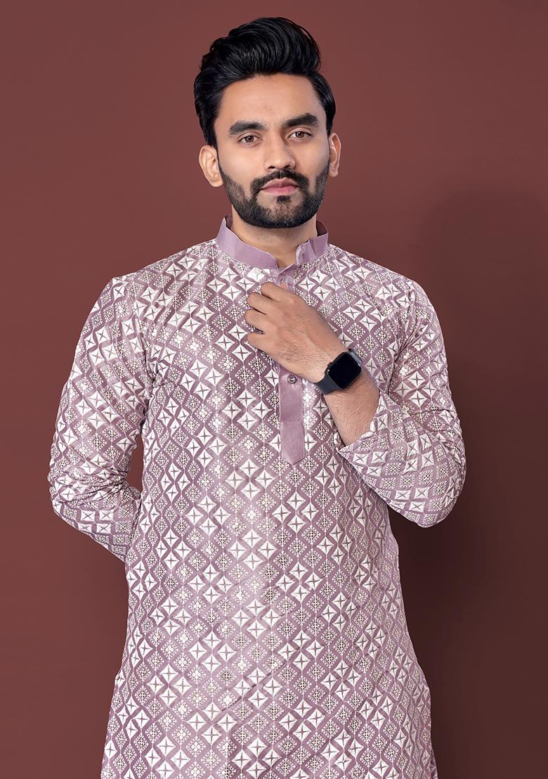 Lavender Embroidered Silk Kurta Set For Men