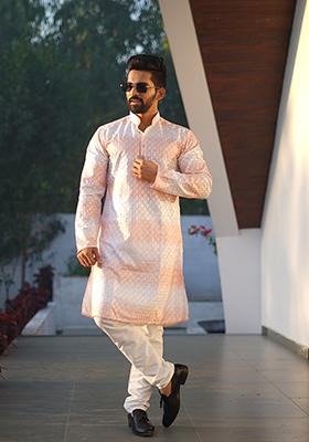 Orange Embroidered Cotton Kurta Set For Men