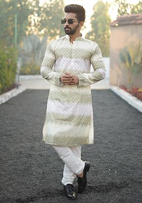 Green Embroidered Cotton Kurta Set For Men