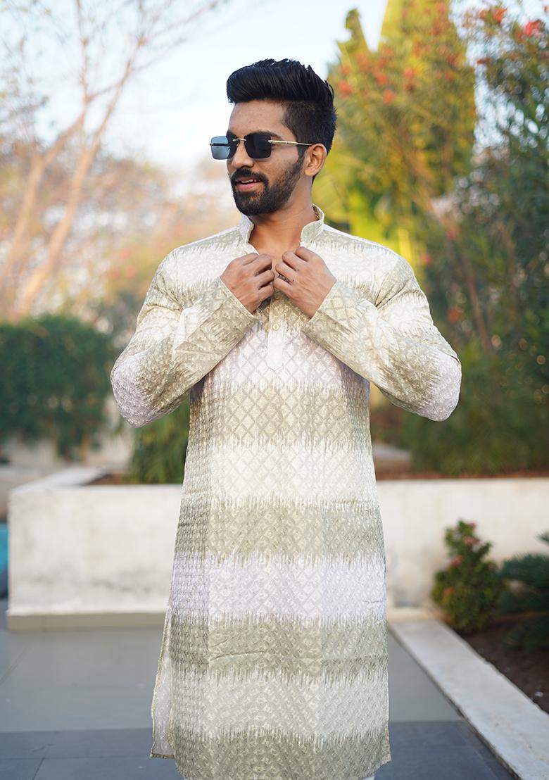 Green Embroidered Cotton Kurta Set For Men