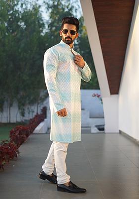 Sky Blue Embroidered Cotton Kurta Set For Men