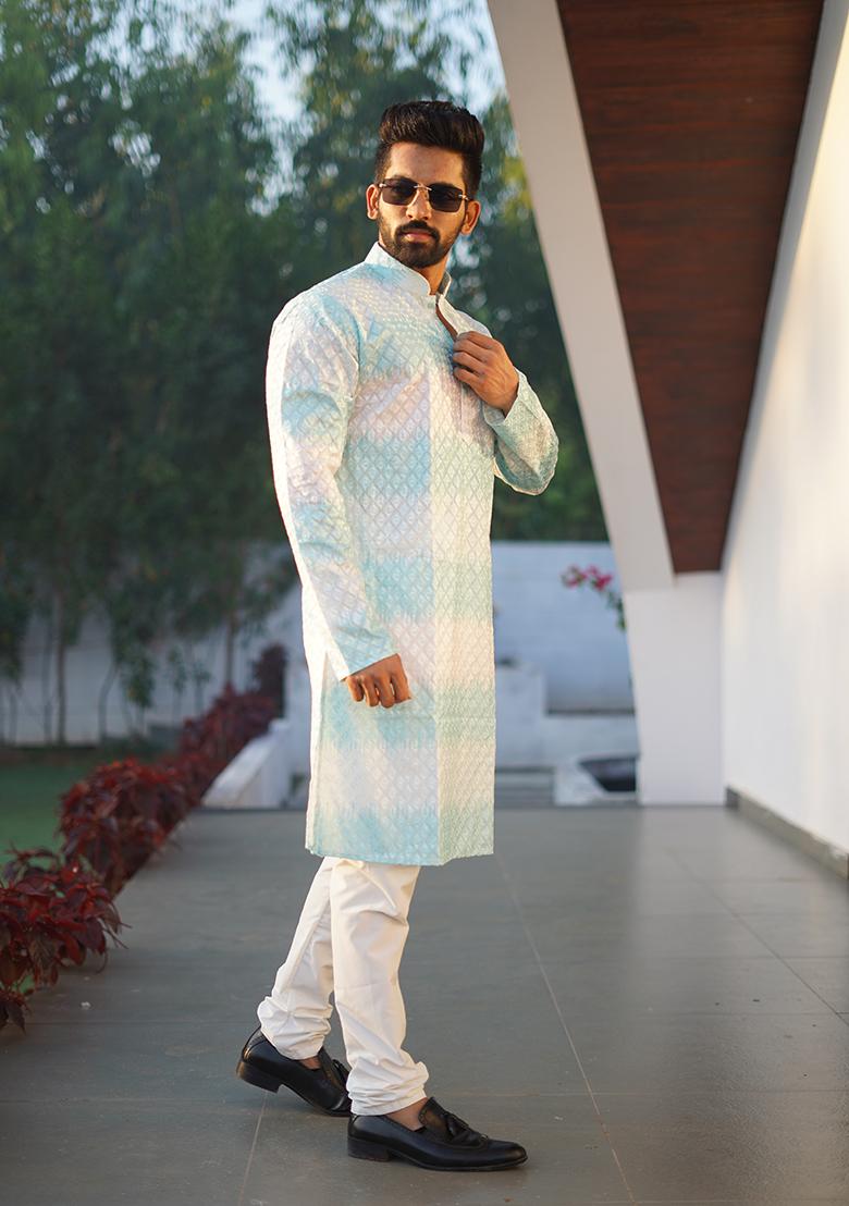 Sky Blue Embroidered Cotton Kurta Set For Men