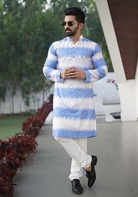 Blue Embroidered Cotton Kurta Set For Men