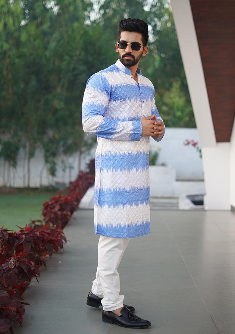 Blue Embroidered Cotton Kurta Set For Men