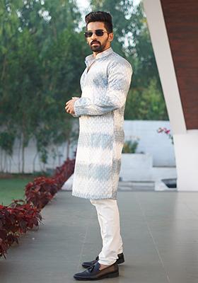 Grey Embroidered Cotton Kurta Set For Men