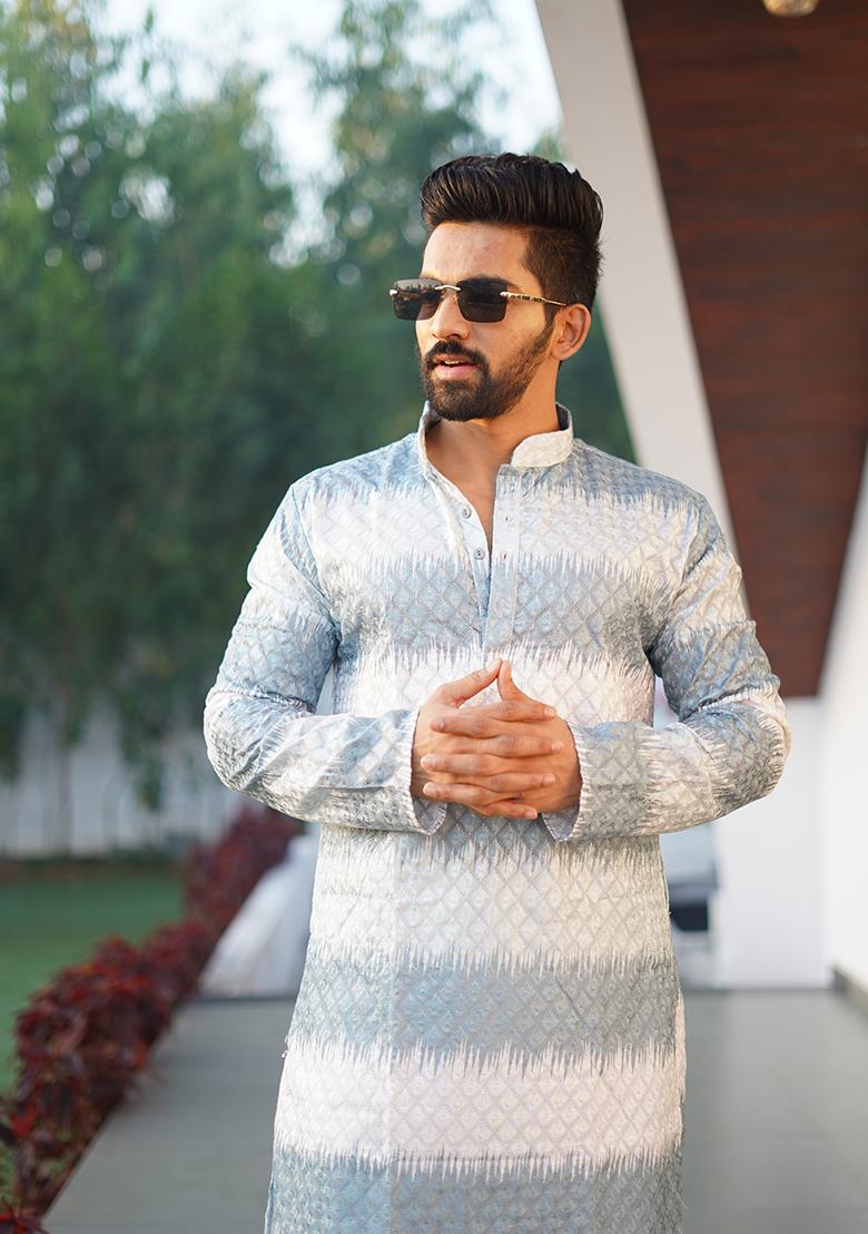 Grey Embroidered Cotton Kurta Set For Men