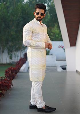 Yellow Embroidered Cotton Kurta Set For Men