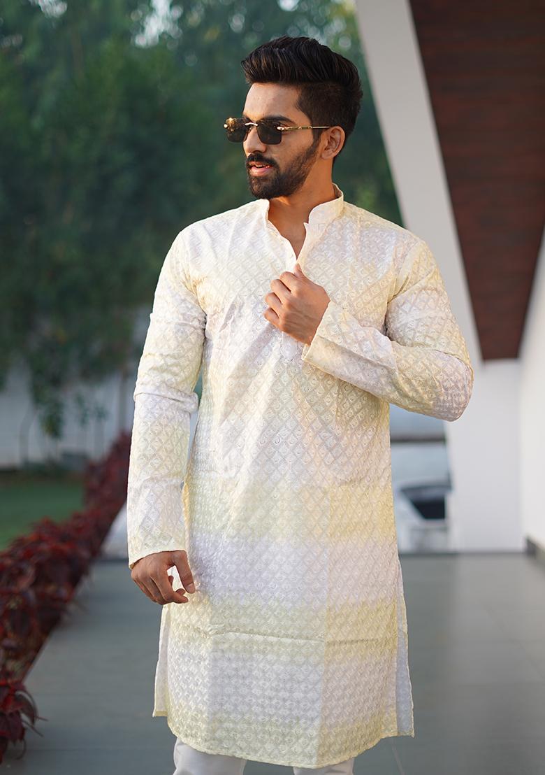 Yellow Embroidered Cotton Kurta Set For Men